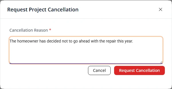 The Request Project Cancellation box with a Cancellation Reason filled in and a red Request Cancellation button.