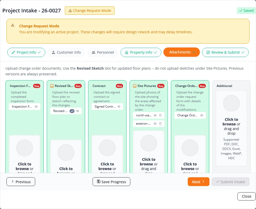 The Attachments step in Change Request Mode. A yellow banner warns that the changes will require design rework and may delay timelines. The slots are Inspection Form, Revised Sketch, Contract, Site Pictures, Change Order Form and Additional, each with a file.