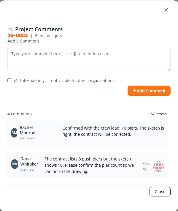 The Project Comments box for a project. A box to type a comment sits above an Internal only tick box and an Add Comment button. Below, the thread shows a reply from the client's office and a question from the engineering firm about the pier count.