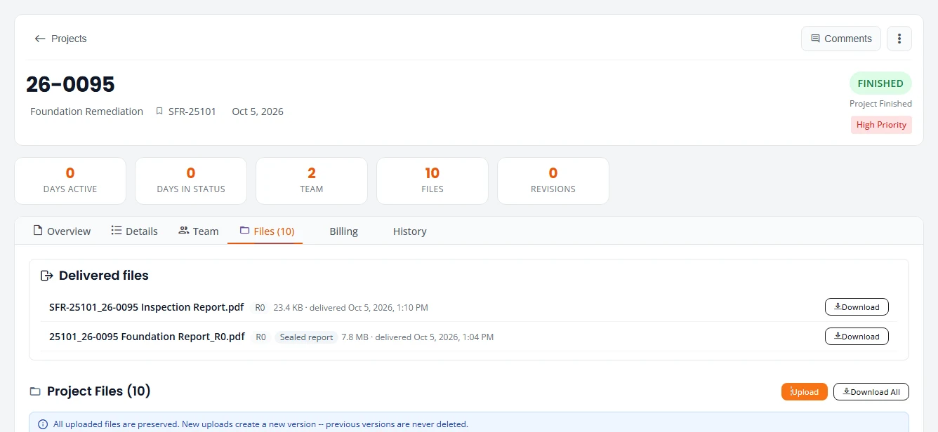 The Files tab of a finished project. Under Delivered files are two rows: an inspection report and a foundation report marked R0 and Sealed report, each with its size, the date it was delivered and a Download button. Below, the Project Files heading has Upload and Download All buttons.