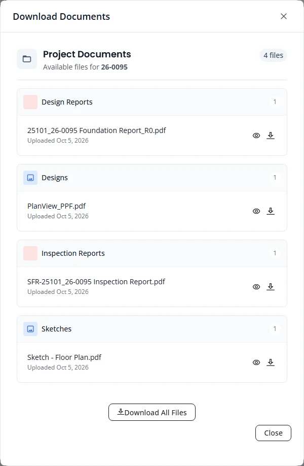 The Download Documents box for a project with four files, grouped as Design Reports, Designs, Inspection Reports and Sketches. Each file has a preview icon and a download icon. A Download All Files button is at the bottom.