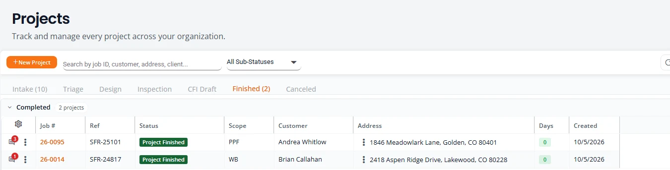 The Finished tab of Projects. Two projects are listed under Completed with the green status Project Finished, each with its scope, customer, address, days and created date.
