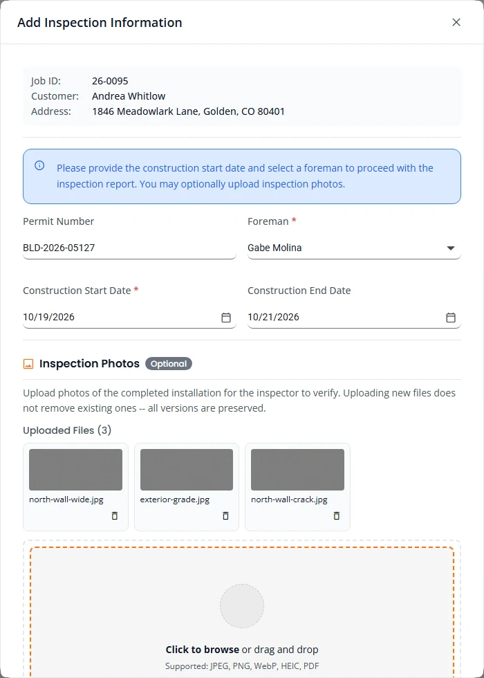 The Add Inspection Information box for a project. Permit Number, Foreman, Construction Start Date and Construction End Date are filled in. Under Inspection Photos, three uploaded files are listed above an area to add more.