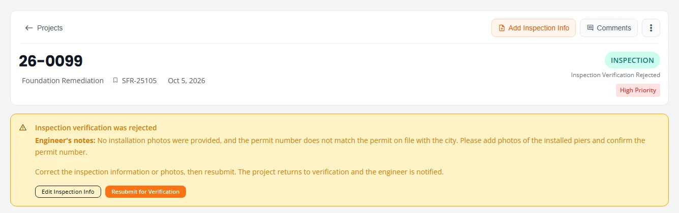 A project page with the status Inspection Verification Rejected. A yellow box titled Inspection verification was rejected shows the engineer's notes: no installation photos were provided and the permit number does not match the permit on file. Below the notes are two buttons, Edit Inspection Info and Resubmit for Verification.