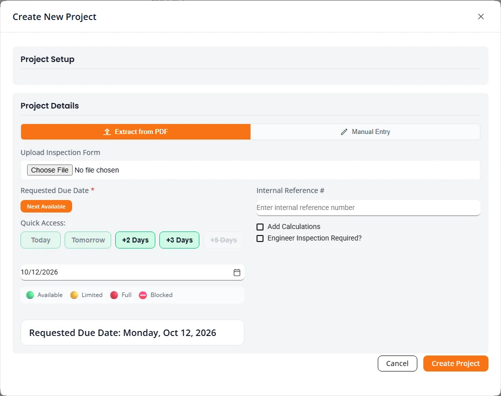 The Create New Project box with Extract from PDF selected. It has an Upload Inspection Form file field, a Requested Due Date area with a Next Available button, quick date buttons and a date field, an Internal Reference number field, and tick boxes for Add Calculations and Engineer Inspection Required.