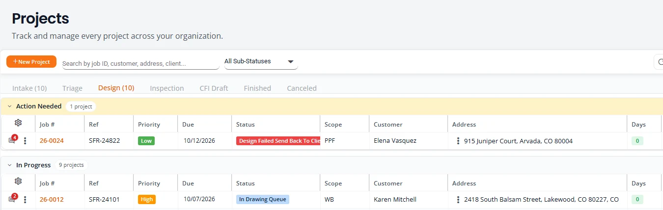 The Design tab of Projects. One project is under Action Needed with the red status Design Failed Send Back To Client and a red comment count of 4. Below it the In Progress group starts with a project in In Drawing Queue.
