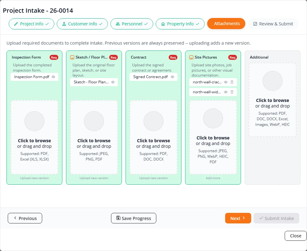 The Attachments step with five slots side by side. Inspection Form, Sketch / Floor Plan, Contract and Site Pictures are marked Req, are green and each list an uploaded file. The Additional slot is empty.