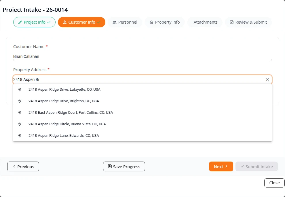 The Customer Info step. The customer name is filled in and the Property Address field shows a typed street number and name with five matching Colorado addresses listed below it.