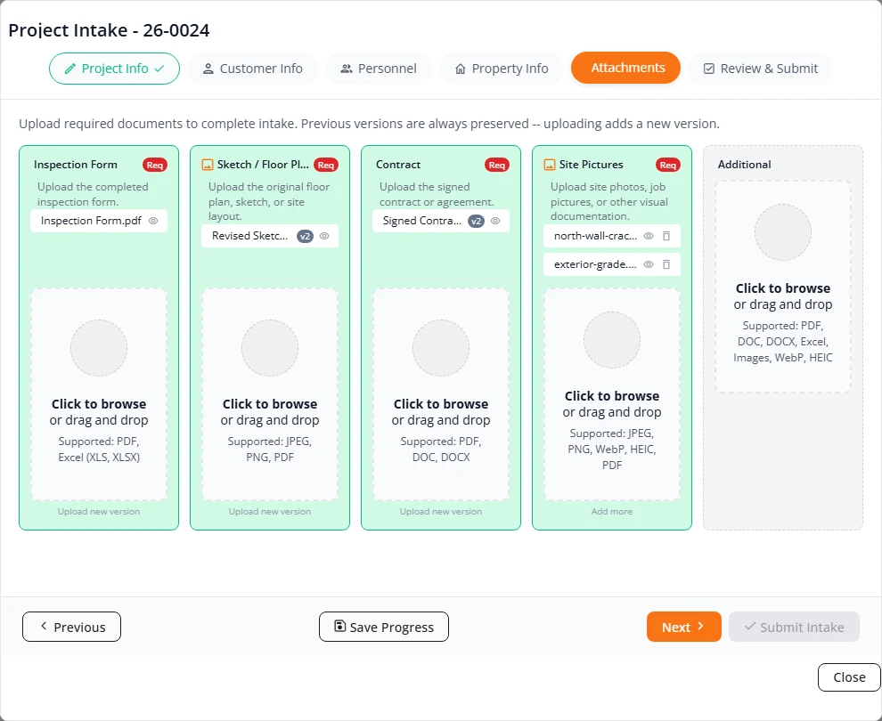 The Attachments step after uploading replacements. The Sketch / Floor Plan and Contract slots each show a new file with a v2 badge.