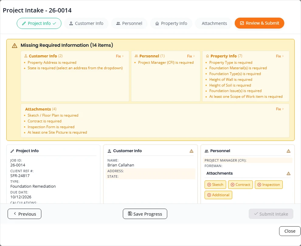 The Review and Submit step with a yellow banner titled Missing Required Information, 14 items. The items are grouped under Customer Info, Personnel, Property Info and Attachments, each with a Fix link. Submit Intake is greyed out.