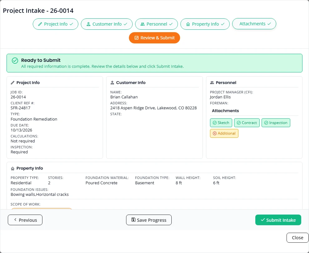 The Review and Submit step with a green Ready to Submit banner. Cards summarize the project info, customer, personnel, attachments and property. The Submit Intake button is green.