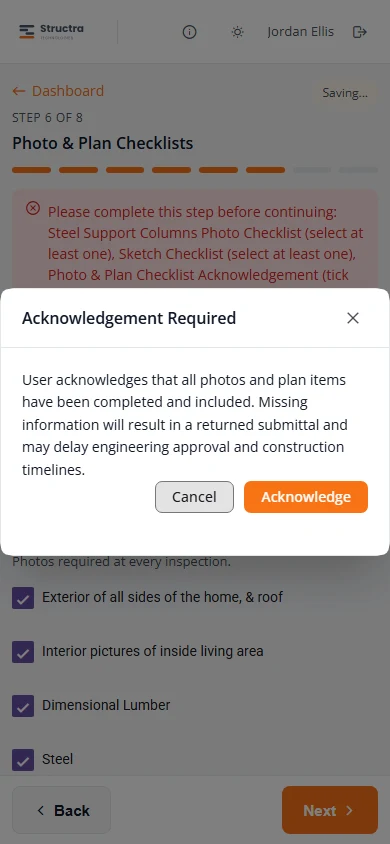 The Acknowledgement Required dialog. It says the user acknowledges that all photos and plan items have been completed and included, and that missing information will result in a returned submittal. The buttons are Cancel and Acknowledge.