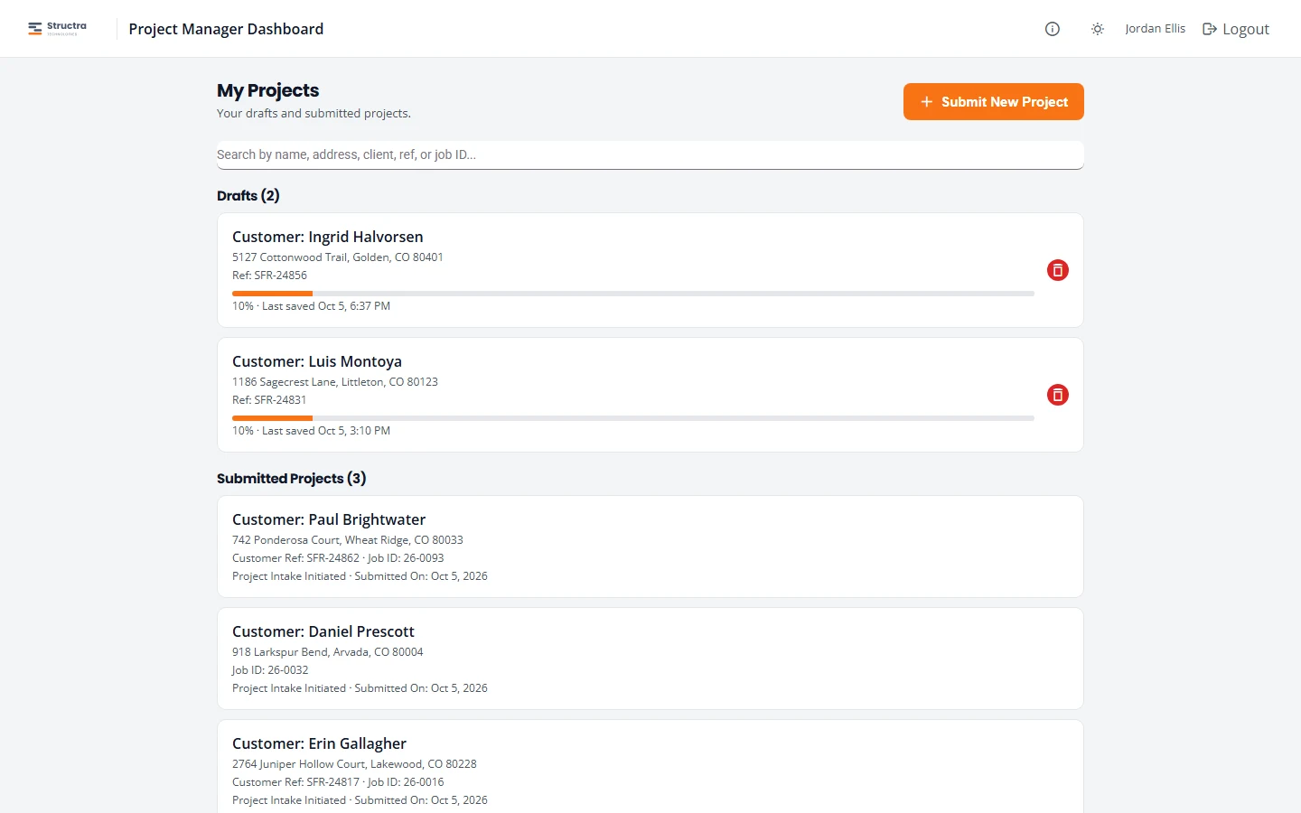 The same dashboard on a computer. The header reads Project Manager Dashboard, with the inspector's name and a Logout button at the top right. Two drafts and three submitted projects are listed in a single column.