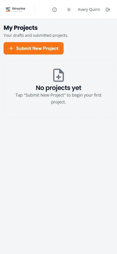 An empty inspector dashboard on a phone. Under My Projects there is a Submit New Project button and a box that says No projects yet.