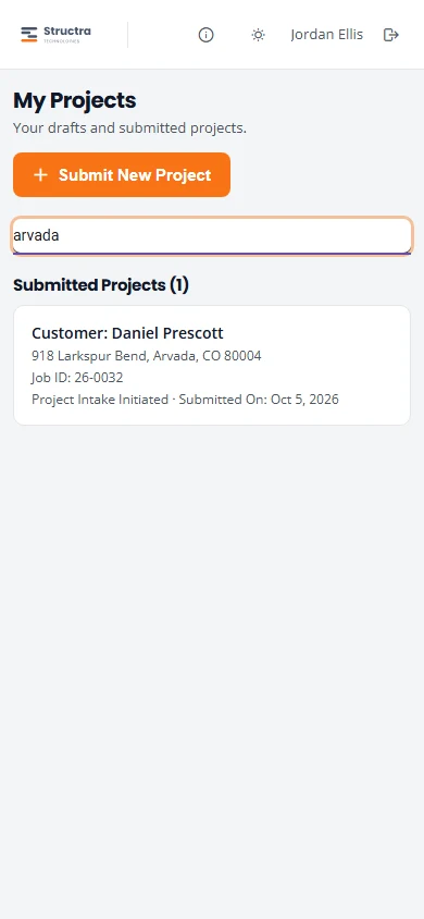The dashboard with arvada typed in the search box. Only one submitted project, at an Arvada address, is listed.