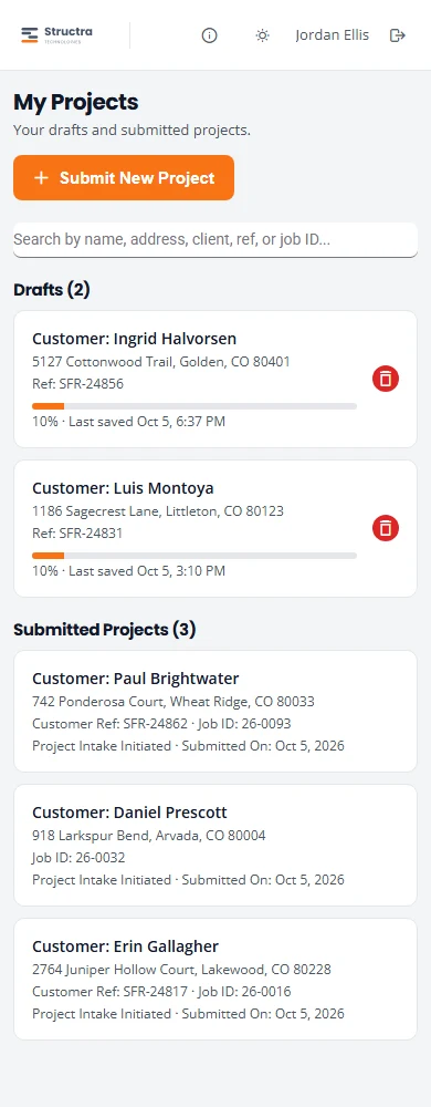 The inspector dashboard on a phone with two drafts, each with a progress bar, a last saved time and a red bin, above three submitted projects that show a Job ID, the status Project Intake Initiated and the submitted date.