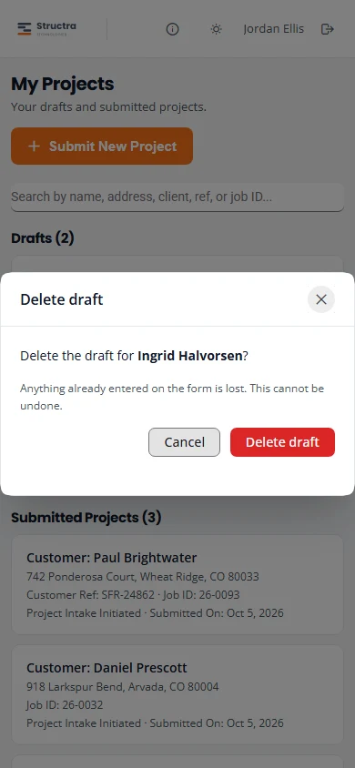 The Delete draft dialog. It asks Delete the draft for Ingrid Halvorsen? and warns that anything already entered on the form is lost and that this cannot be undone. The buttons are Cancel and Delete draft.