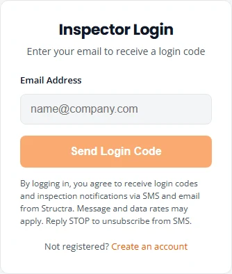 The Inspector Login box with an Email Address field, a Send Login Code button, the consent text about login codes and notifications, and a Create an account link.