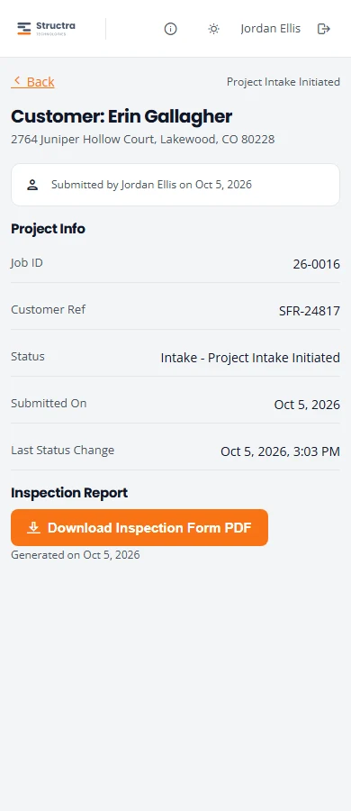 A submitted project in the inspector portal. It shows the customer and address, Submitted by Jordan Ellis, then Project Info with Job ID, Customer Ref, Status, Submitted On and Last Status Change, and a Download Inspection Form PDF button.