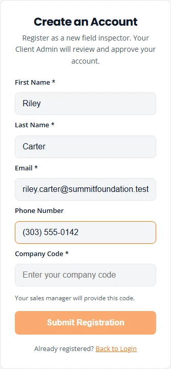 The Create an Account form in the inspector portal. First Name, Last Name, Email and Phone Number are filled in. Company Code is still empty, so the Submit Registration button is greyed out.