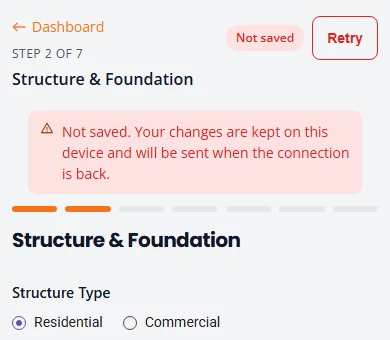 The top of the form after a failed save. A red Not saved label and a Retry button sit at the top right, above a red message: Not saved. Your changes are kept on this device and will be sent when the connection is back.