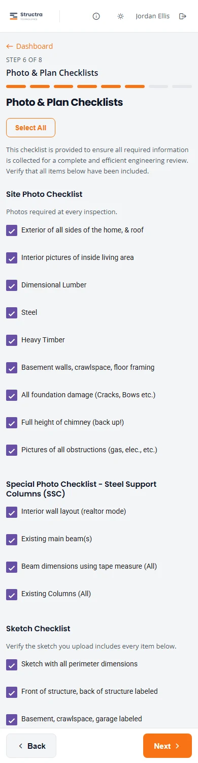 Step 6, Photo and Plan Checklists, with a Select All button and every box ticked under Site Photo Checklist, Special Photo Checklist for Steel Support Columns, and Sketch Checklist.