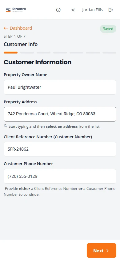 Step 1, Customer Info, on a phone. Property Owner Name, Property Address, Client Reference Number and Customer Phone Number are filled in, and a Saved label shows at the top right.