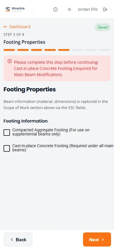 The Footing Properties step with neither footing ticked. A red box reads: Please complete this step before continuing: Cast-in-place Concrete Footing (required for Main Beam Modification).