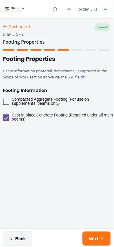 Step 5 of 8, Footing Properties. Under Footing Information, Cast-in-place Concrete Footing is ticked and Compacted Aggregate Footing is not.