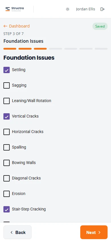 Step 3, Foundation Issues, as a list of checkboxes. Settling, Vertical Cracks and Stair-Step Cracking are ticked.