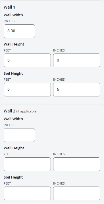 The Foundation Measurements boxes. Wall 1 shows Wall Width 8.00 inches, Wall Height 8 feet 0 inches and Soil Height 6 feet 6 inches. Wall 2, marked if applicable, is empty.