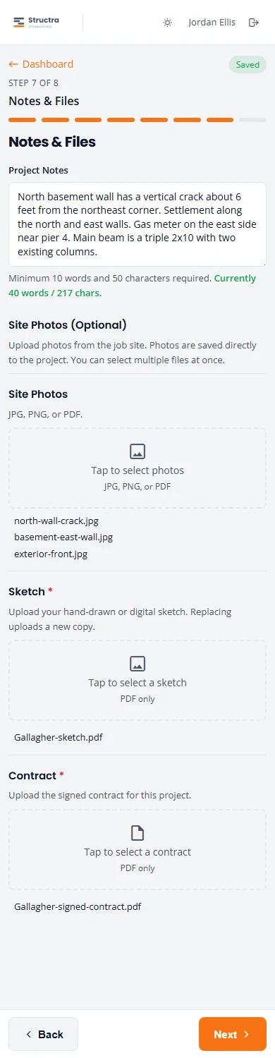 Step 7, Notes and Files. Project Notes holds a few sentences and the counter reads 40 words, 217 chars in green. Three photo files are listed under Site Photos, and a PDF is listed under each of Sketch and Contract.