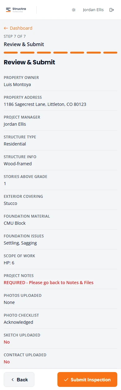 The Review and Submit step for an unfinished draft. Project Notes reads REQUIRED, please go back to Notes and Files, in red, and Sketch Uploaded and Contract Uploaded both read No in red. The Submit Inspection button is at the bottom right.