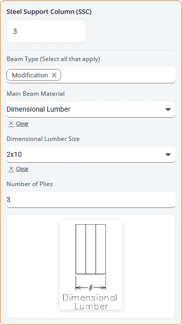 The Steel Support Column box with a quantity of 3. Below it, Beam Type is Modification, Main Beam Material is Dimensional Lumber, Dimensional Lumber Size is 2x10 and Number of Plies is 3, with a reference drawing of a three-ply beam.