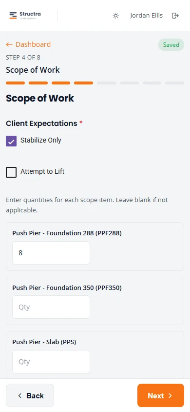 Step 4, Scope of Work. Stabilize Only is ticked under Client Expectations, and the quantity for Push Pier Foundation 288 is 8. The other quantity boxes are empty.