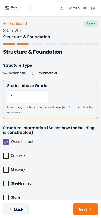 The top of step 2, Structure and Foundation: Structure Type set to Residential, Stories Above Grade set to 2, and the Structure Information checkboxes with Wood-framed ticked.