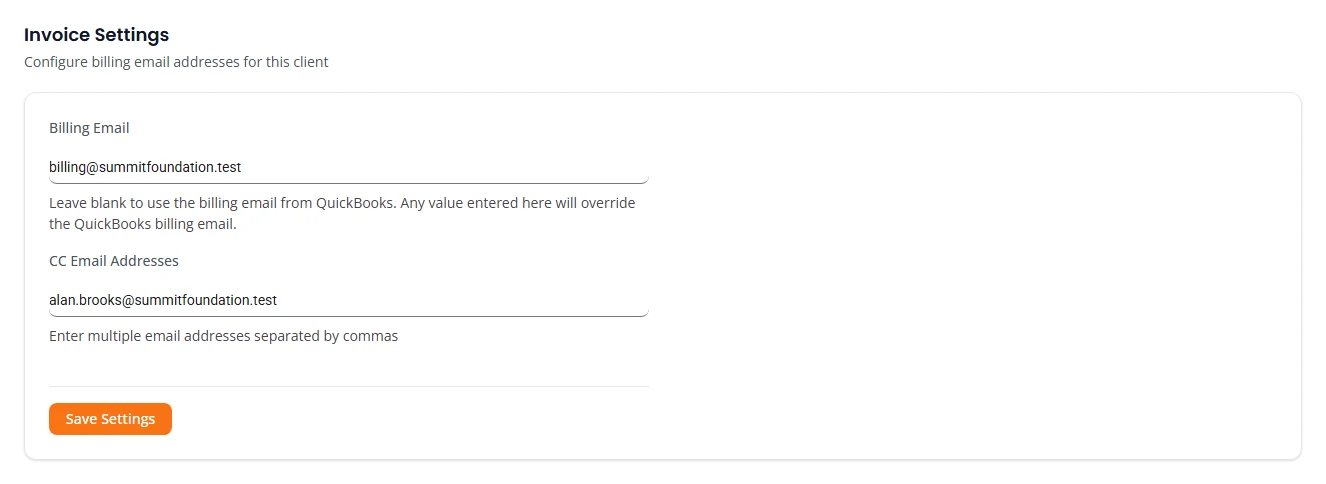 The Billing tab of a client page. An Invoice Settings card has a Billing Email field, a CC Email Addresses field and a Save Settings button.