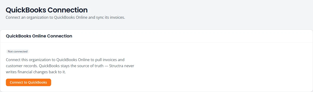 The QuickBooks Connection page for a firm that is not connected. A card shows a Not connected badge, a short explanation and a Connect to QuickBooks button.