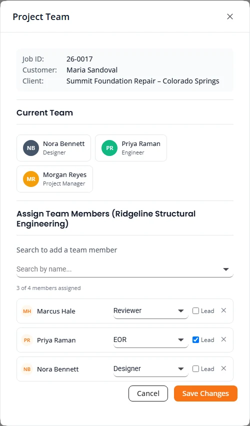 The Project Team box for job 26-0017. Current Team shows a designer, an engineer and a project manager. Under the heading Assign Team Members (Ridgeline Structural Engineering) is a search field for adding a team member, the count 3 of 4 members assigned, and three members: Marcus Hale as Reviewer, Priya Raman as EOR with Lead ticked, and Nora Bennett as Designer. The buttons are Cancel and Save Changes.