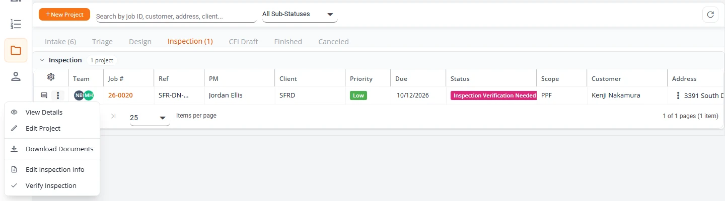 The Inspection tab of Projects with one project, job 26-0020, showing the status Inspection Verification Needed. Its row menu is open with View Details, Edit Project, Download Documents, Edit Inspection Info and Verify Inspection.