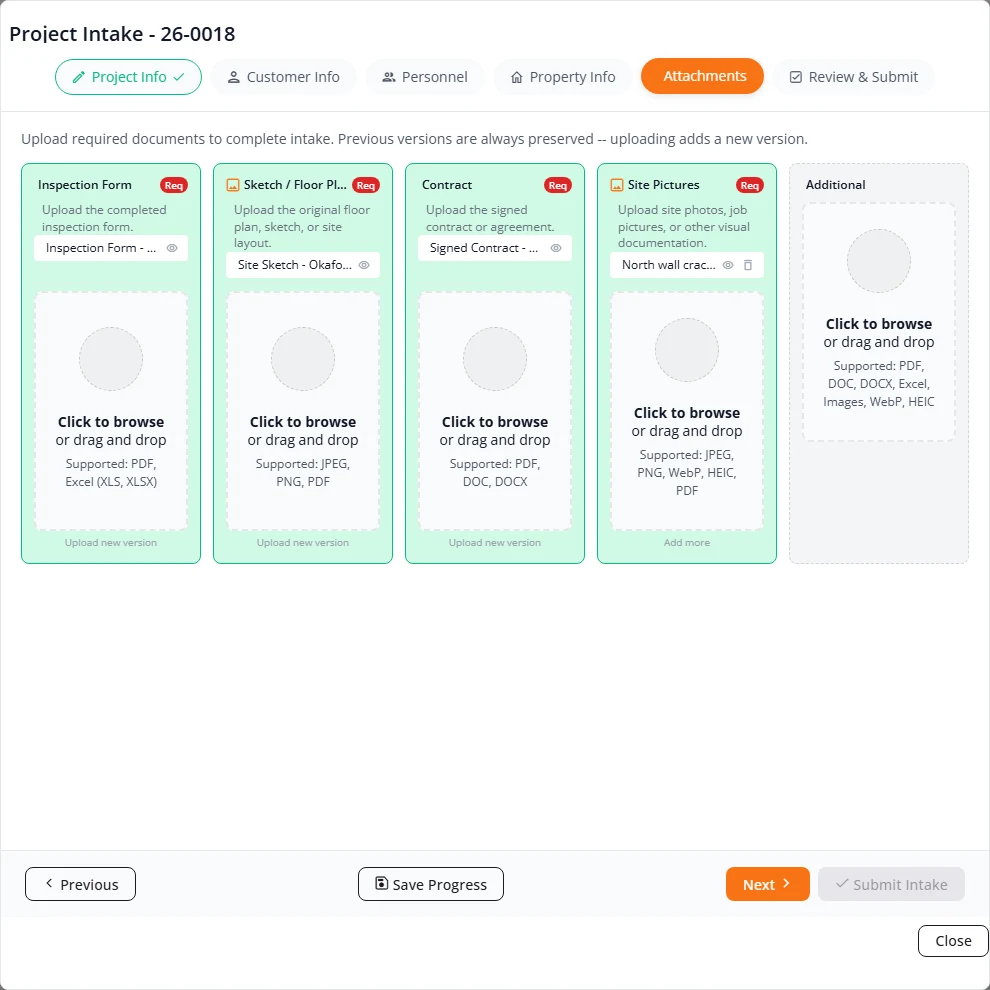 The Attachments step of the intake wizard for job 26-0018. Four green cards for Inspection Form, Sketch / Floor Plan, Contract and Site Pictures each show an uploaded file name and a drop area. A fifth card, Additional, is empty.