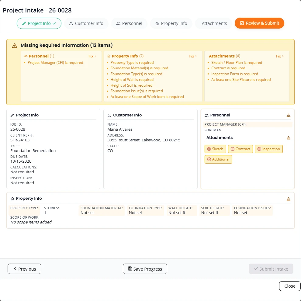 The Review and Submit step for job 26-0028. A yellow box lists 12 missing items under Personnel, Property Info and Attachments, each group with a Fix link. Below are summary cards for Project Info, Customer Info, Personnel, Attachments and Property Info. Submit Intake is greyed out.