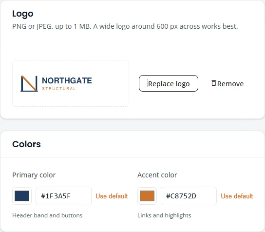The Logo and Colors cards on the Branding page. A firm's logo is uploaded, with Replace logo and Remove beside it. Primary color and Accent color each show a swatch and a hex value.