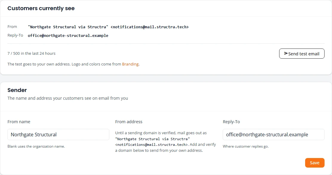 The Email settings page. Customers currently see shows the From line, the firm's name via Structra, and the Reply-To address, with a Send test email button. The Sender card has From name, From address and Reply-To.