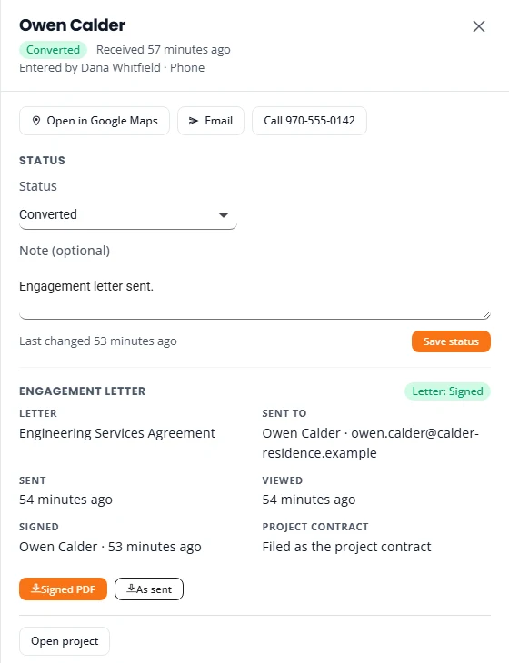 A lead's panel after the customer signed. The lead is marked Converted and Letter: Signed. The Engagement letter section shows who it was sent to, when it was sent, viewed and signed, that it is filed as the project contract, and buttons for Signed PDF, As sent and Open project.