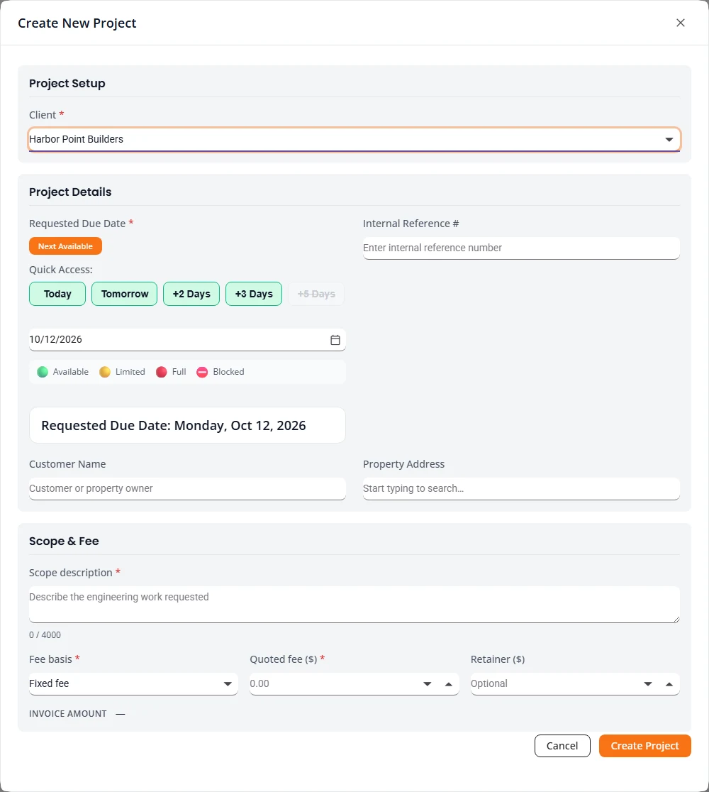 The Create New Project box for an Ad Hoc project. A client is chosen. Project Details has the requested due date, internal reference number, customer name and property address. Scope and Fee has a scope description, fee basis, quoted fee and retainer.