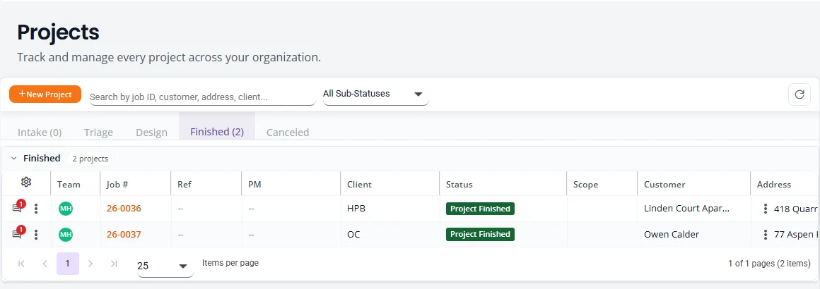 The Projects page of a firm on the Ad Hoc workflow. The tabs are Intake, Triage, Design, Finished and Canceled. The Finished tab lists two projects with the status Project Finished.
