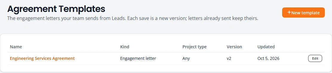 The Agreement Templates page with one template, Engineering Services Agreement, of kind Engagement letter, at version 2, with an Edit button. A New template button is at the top right.