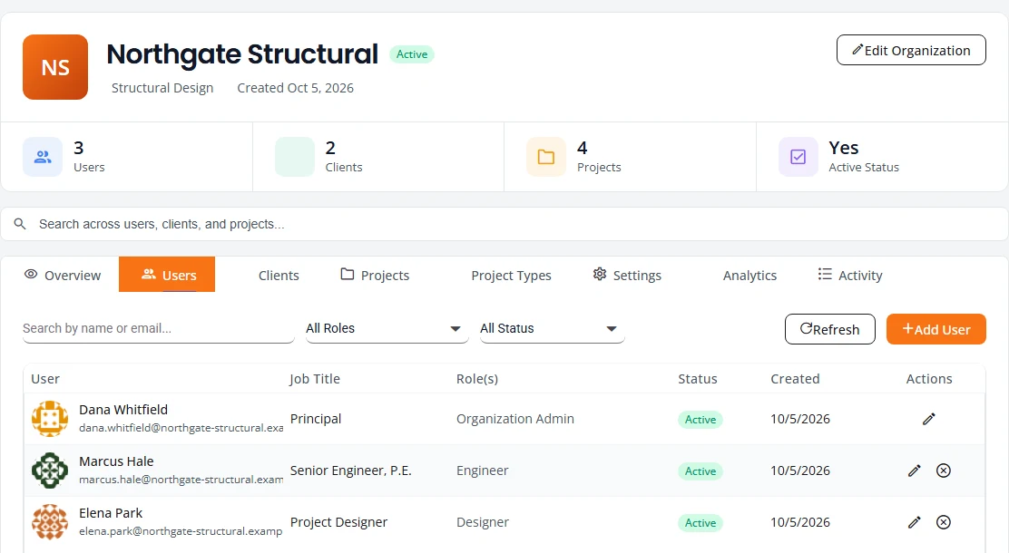 The My Organization page on its Users tab. Three people are listed with their job title, role and status: an Organization Admin, an Engineer and a Designer. An Add User button is at the top right.