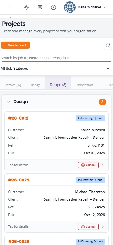 The Projects page at phone width. New Project, the search box and the sub-status filter are stacked. Under the tabs, cards for jobs 26-0012 and 26-0025 show the status In Drawing Queue, customer, client, reference and due date, with a Cancel button and Tap for details.
